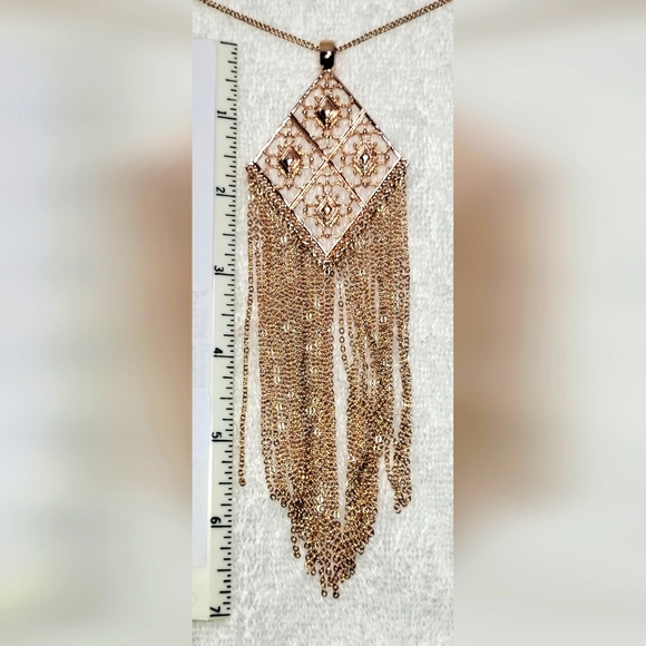 Rose Gold Tone Sliding Diamond Shaped Tassled Necklace - Picture 3 of 3